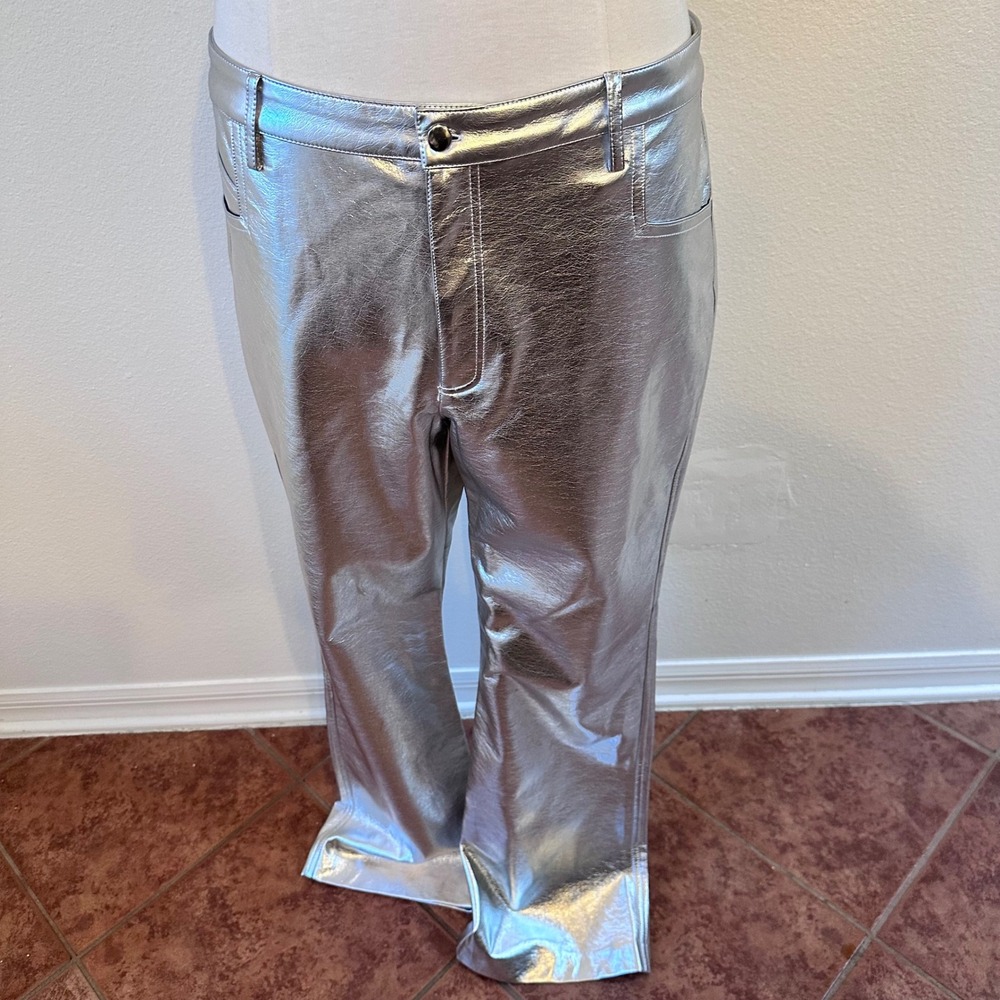 Metallic Chrome Faux Leather Rave Festival Straight Leg Pants Women 10 Silver